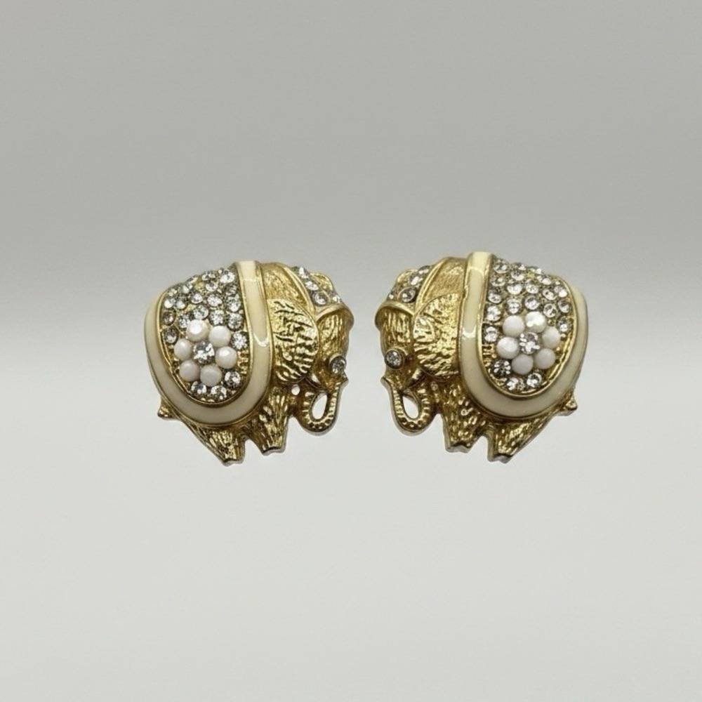 Gold Tone Clear Rhinestones ELEPHANT‎ Trunk Up Stud Post Earrings